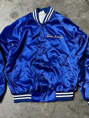 Hartwell Blue Satin Varsity Jacket Like New